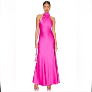 MISHA Evianna Satin Gown Hot Pink Maxi Dress with Detachable Bow S